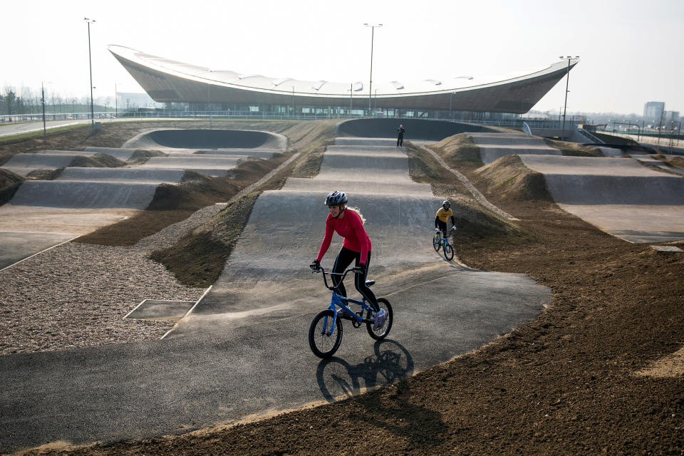 LONDON, ENGLAND - MARCH 12:  Cyclists ride the BMX track at the Lee Valley Velopark, formerly the cycling venue for the London 2012 Olympic Games, on March 12, 2014 in London, England. The Lee Valley Velopark opens to the general public on March 31, 2014 and offers all four Olympic cycling disciplines of track, BMX, road and mountain biking.    (Photo by Oli Scarff/Getty Images)