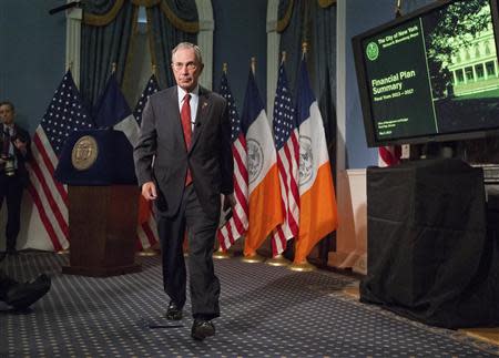 New York Mayor Michael Bloomberg walks from the podium after delivering the 2014 city budget in the Blue Room of New York's City Hall, in this file photo from May 2, 2013. REUTERS/Richard Drew/Pool/Files