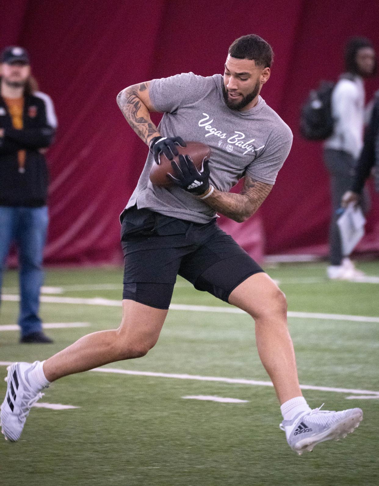 Curtis Hodges catches a pass during Pro Day, March 14, 2022, at ASU, Tempe, Arizona.