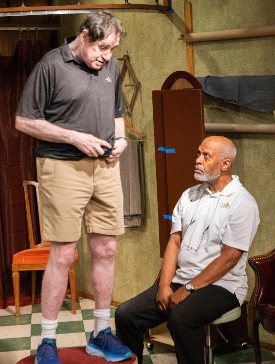 Richard Kind (left) and James Pickens Jr. rehearse a scene for "A Tailor Near Me." The NJ Rep production begins performances on July 27.