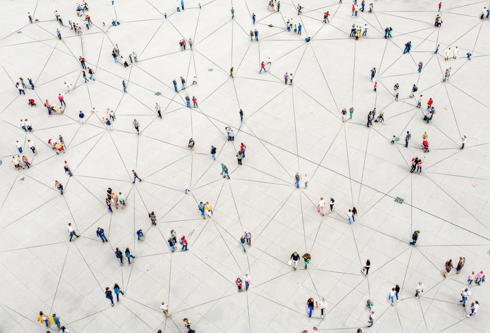 Aerial view of crowd connected by lines