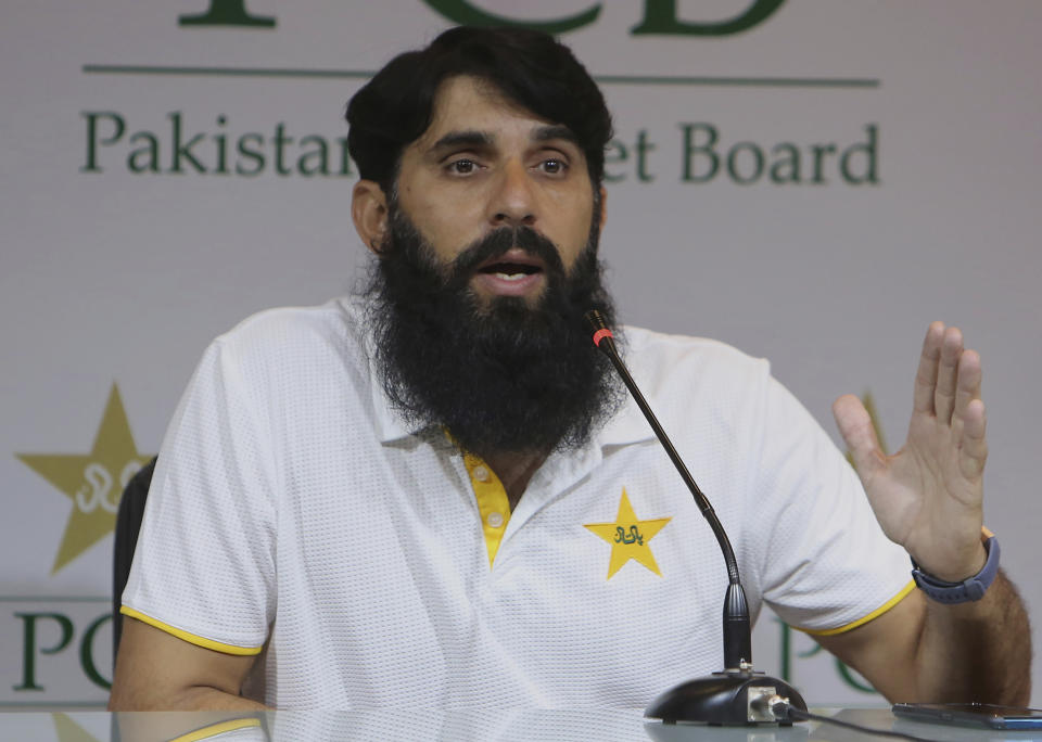 Misbah-ul-Haq, head coach and chief selector of Pakistan Cricket, gestures during a press conference regarding the team's announcement for an upcoming cricket series against Sri Lanka, in Lahore, Pakistan, Saturday, Sept. 21, 2019. Pakistan recalled all-rounders Iftikhar Ahmed and Mohammad Nawaz for three-match one-day international series against Sri Lanka, starting at Karachi from next week. (AP Photo/K.M. Chaudary)