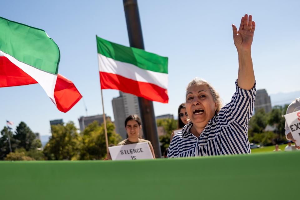 Zahra Hanar, who is from Iran, calls out during a protest against the Iranian regime at the Capitol in Salt Lake City on Saturday, Sept. 16, 2023. The protest was held on the one-year anniversary of the death of Mahsa Amini, who was arrested by Iran’s morality police for allegedly violating the country’s strict dress code for women. | Spenser Heaps, Deseret News