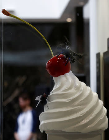 A scale model of Heather Phillipson's sculpture 'THE END' is seen at the National Gallery after it won the competition to become one of the pieces to be displayed on the fourth plinth in Trafalgar Square, in central London, Britain, March 21, 2017. REUTERS/Stefan Wermuth