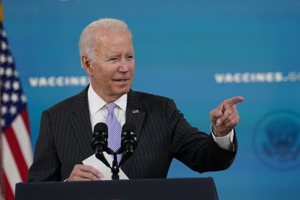 President Joe Biden talks about the newly approved COVID-19 vaccine for children ages 5-11 from the South Court Auditorium on the White House complex in Washington, Wednesday, Nov. 3, 2021. U.S. health officials on Tuesday gave the final sign-off to Pfizer's kid-size COVID-19 shot, a milestone that opens a major expansion of the nation's vaccination campaign to children as young as 5. (AP Photo/Susan Walsh)