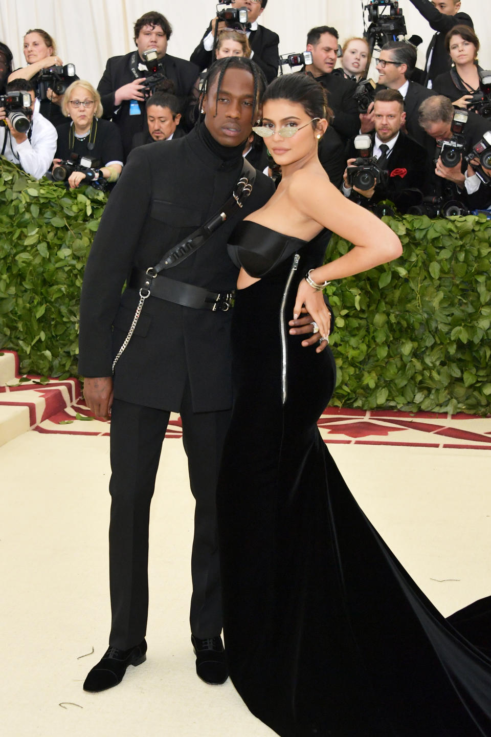 <p>New parents Kylie Jenner and Travis Scott didn’t look remotely sleep-deprived in their designer attire at the Met Gala 2018. <em>[Photo: Getty]</em> </p>