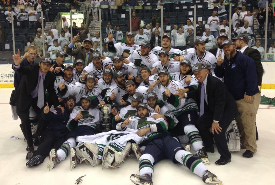 The Florida Everblades won the Kelly Cup on Wednesday, May 23, 2012 with a 3- 2 overtime victory over the Las Vegas Wranglers at Germain Arena.