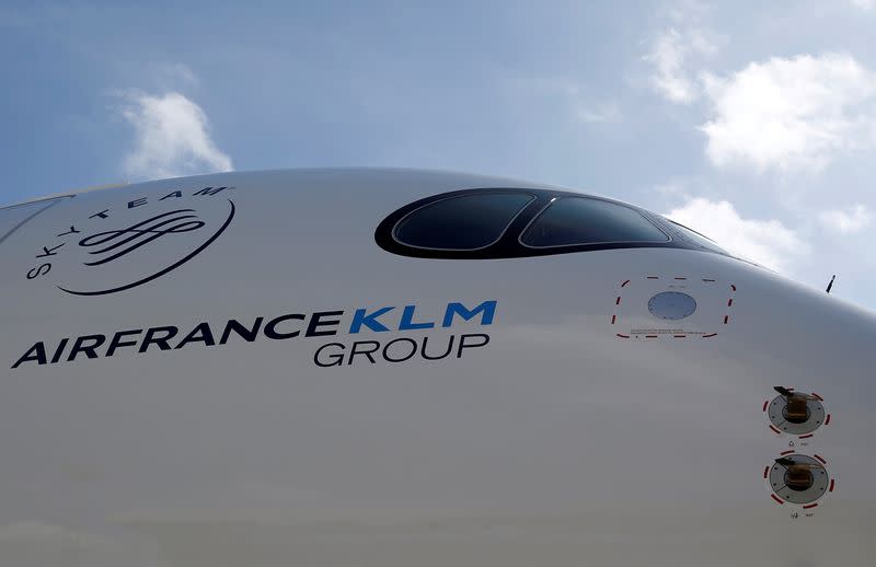 FILE PHOTO: Logo of Air France KLM Group is pictured on the first Air France airliner's Airbus A350 during a ceremony at the aircraft builder's headquarters of Airbus in Colomiers