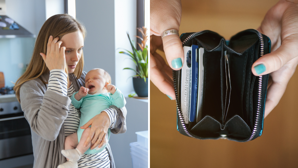 Composite image of a worried mother holding her baby, and hands holding open an empty wallet, to signify need for a loan.