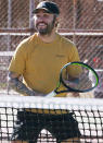 <p>Pete Wentz is in great spirits while playing tennis on Monday in L.A.</p>