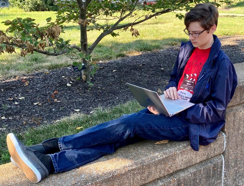 Gabe Evers, 18, of Union, prepares on campus before his first day of classes at the University of Missouri. He's a freshman music composition student.