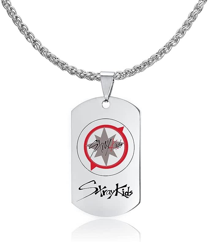 silver pendant necklace that reads "stray kids"