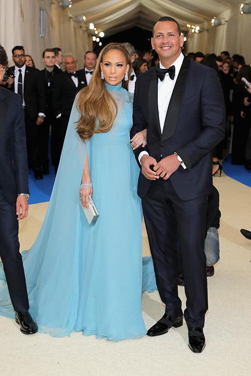 JLo arrived on the arms of Alex Rodriguez in this powder blue Valentino gown.