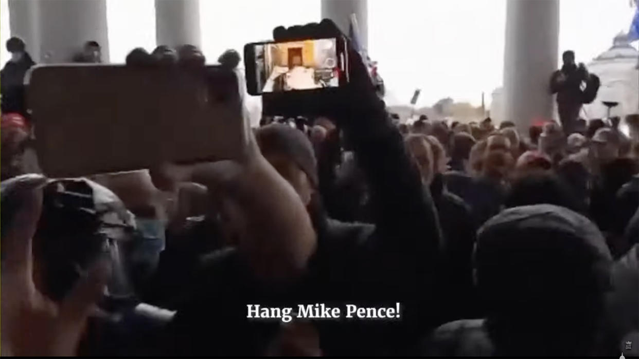 A video from the Jan. 6 attack on the Capitol in which Trump supporters call for the lynching of Mike Pence