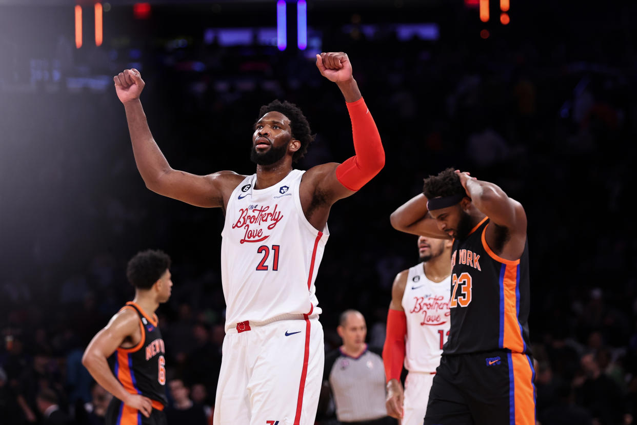 Joel Embiid and the Philadelphia 76ers are set to take on the Knicks in the first round of the NBA playoffs. (Photo by Dustin Satloff/Getty Images)