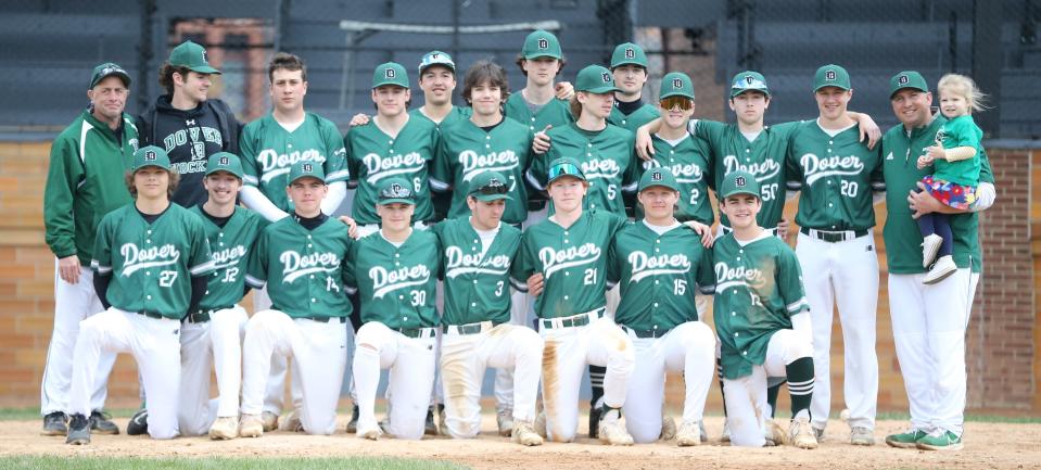 The Dover High School baseball team poses for a photo at Doubleday Field in Cooperstown, New York this past Thursday. Dover head coach Scott Dubben, far right, grew up playing at Doubleday Field.