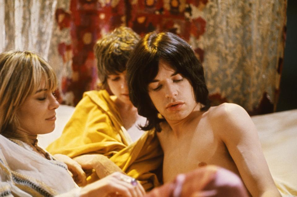 Anita Pallenberg, Michele Breton, and Mick Jagger