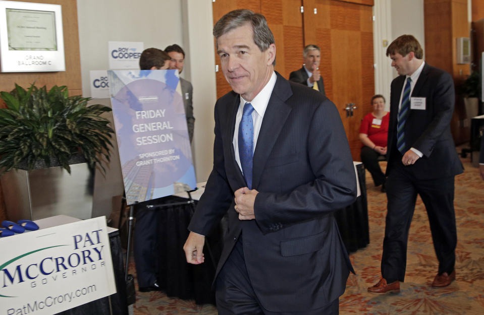 Attorney General Roy Cooper arrives before a forum in Charlotte, N.C., Friday, June 24, 2016. Cooper will face Gov. Pat McCrory in November for governor in what could be the most expensive and watched gubernatorial election this year. (Photo: Chuck Burton/AP)