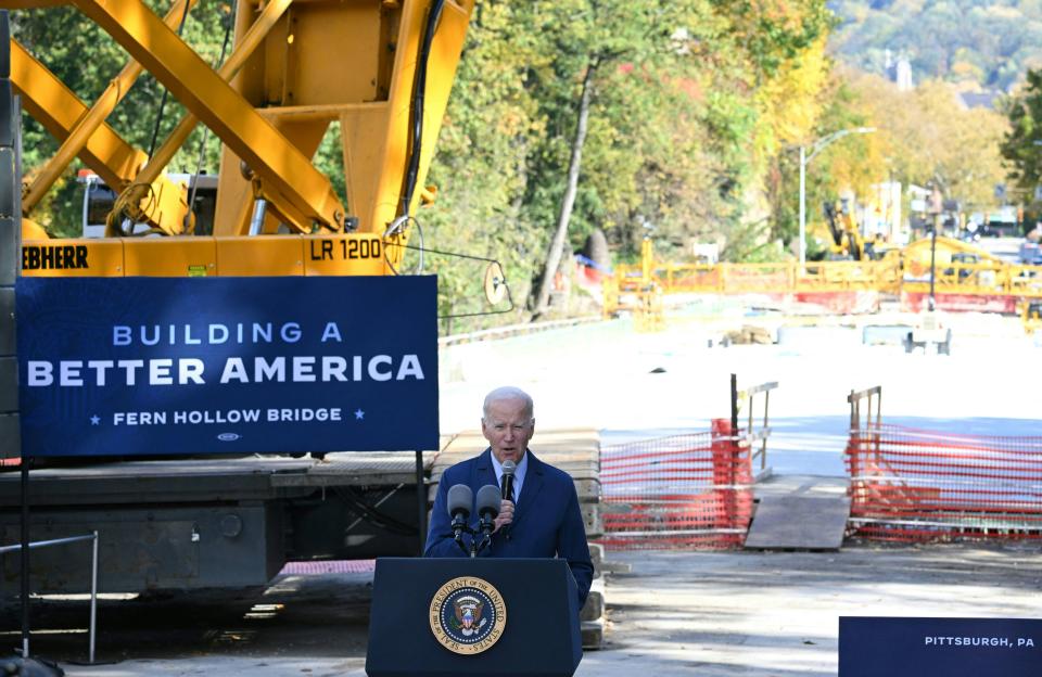US President Joe Biden speaks about the rebuilding the nation's infrastructure at the Fern Hallow Bridge in Pittsburgh, Pennsylvania, on October 20, 2022. - The bridge carrying Forbes Avenue through Frick Park, collapsed early on January 28, 2022, hours before Biden was due for a Pittsburgh visit. (Photo by MANDEL NGAN / AFP) (Photo by MANDEL NGAN/AFP via Getty Images)