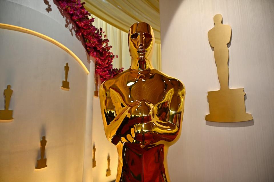 An Oscar statue is pictured at the red carpet, a day ahead of the 96th annual Academy Awards at the Dolby Theatre in Hollywood, Calif. on March 9, 2024.