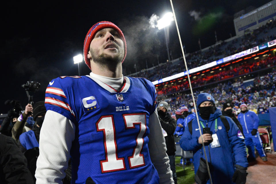 Buffalo Bills quarterback Josh Allen (17) turned in one of the all-time great performances in NFL playoff history last week against the New England Patriots. (AP Photo/Adrian Kraus)