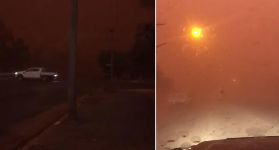 Footage from Dubbo shows the town descend into a dark orange (right). A ute is seen driving through the darkness on the left.