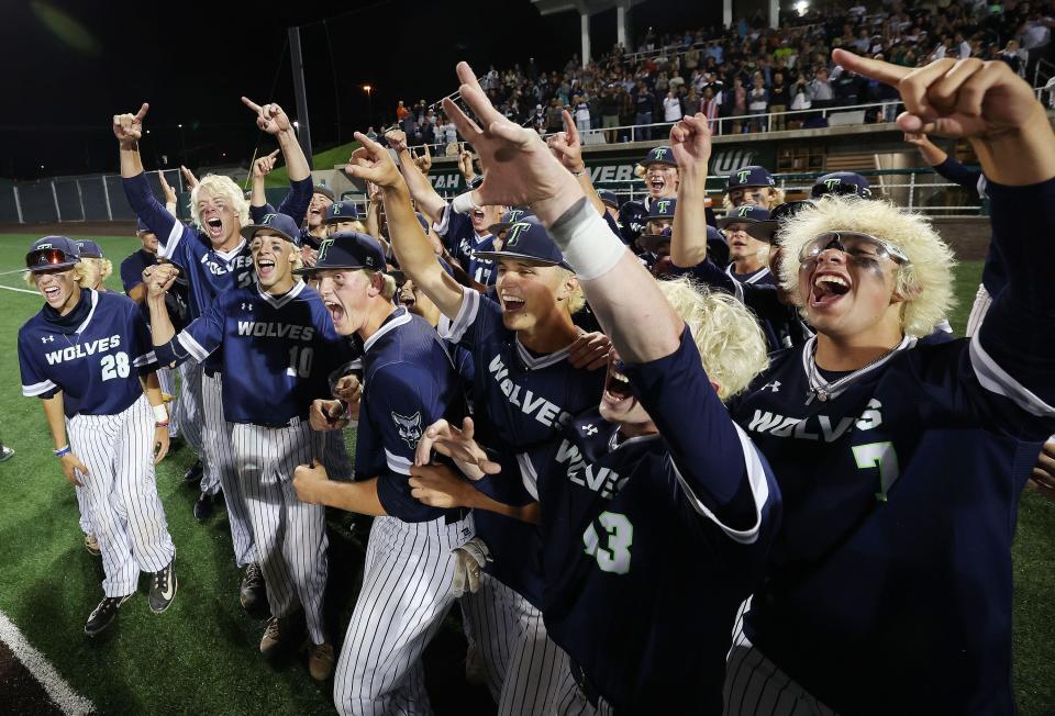 Timpanogos players celebrate their win over Lehi in the 5A state baseball championship in Orem on Saturday, May 27, 2023. | Jeffrey D. Allred, Deseret News