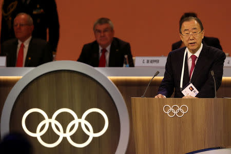 Newly elected head of the International Olympic Committee's ethics commission, former UN Secretary-General Ban Ki-moon speaks during the 131st IOC session in Lima, Peru, September 14, 2017. REUTERS/Guadalupe Pardo