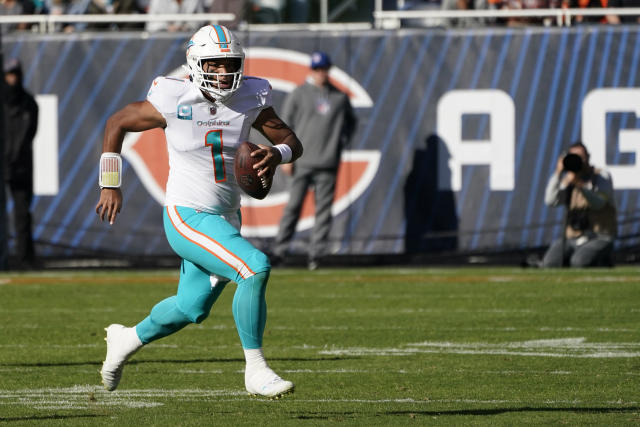 CBS Sports sideline reporter AJ Ross interviews Miami Dolphins quarterback  Tua Tagovailoa (1) on the field after the Dolphins defeated the Cleveland  Browns during an NFL football game, Sunday, Nov. 13, 2022