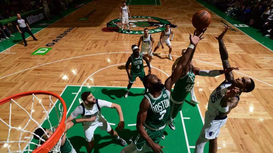 The Celtics' Jaylen Brown, No. 7, was named the NBA Finals MVP. He scored 21 points Monday, and averaged 20.8 points, 5.4 rebounds and five assists per game in the series. - Garrett Ellwood/NBAE/Getty Images