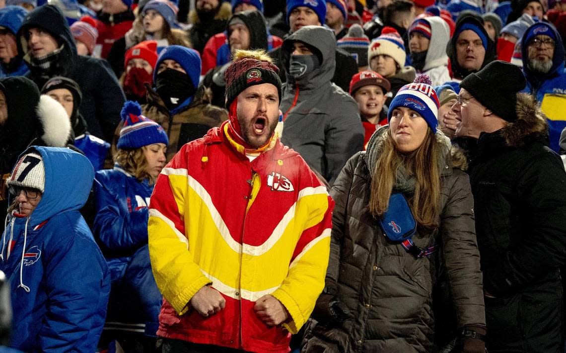 A Kansas City Chiefs fan celebrates after the Buffalo Bills failed to tie the game with a field goal in the final minutes of an AFC Divisional Round playoff game at Highmark Stadium on Sunday, Jan. 21, 2024, in Orchard Park, New York.