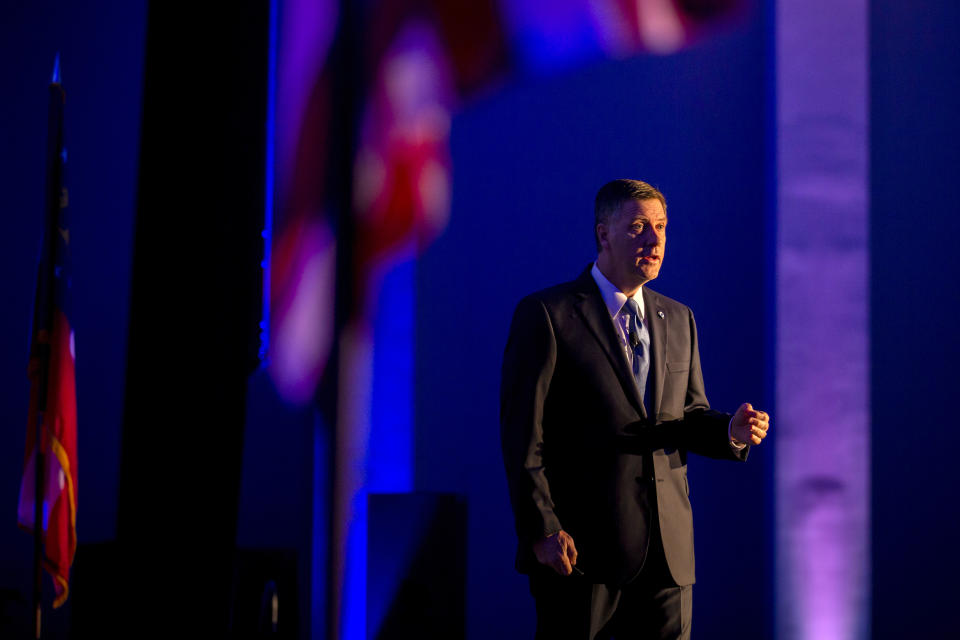 In this photo provided by the Georgia Port Authority, Georgia Ports Authority Executive Director Griff Lynch speaks during the Savannah State of the Port event, Thursday, Sept. 12, 2019, in Savannah, Ga. The GPA plans to double capacity at Garden City Terminal to 11 million twenty-foot equivalent container units per year. In Fiscal Year 2019, port-related industries announced $5 billion in new investment and 12,000 new jobs coming to Georgia. (Stephen Morton/Georgia Port Authority via AP)