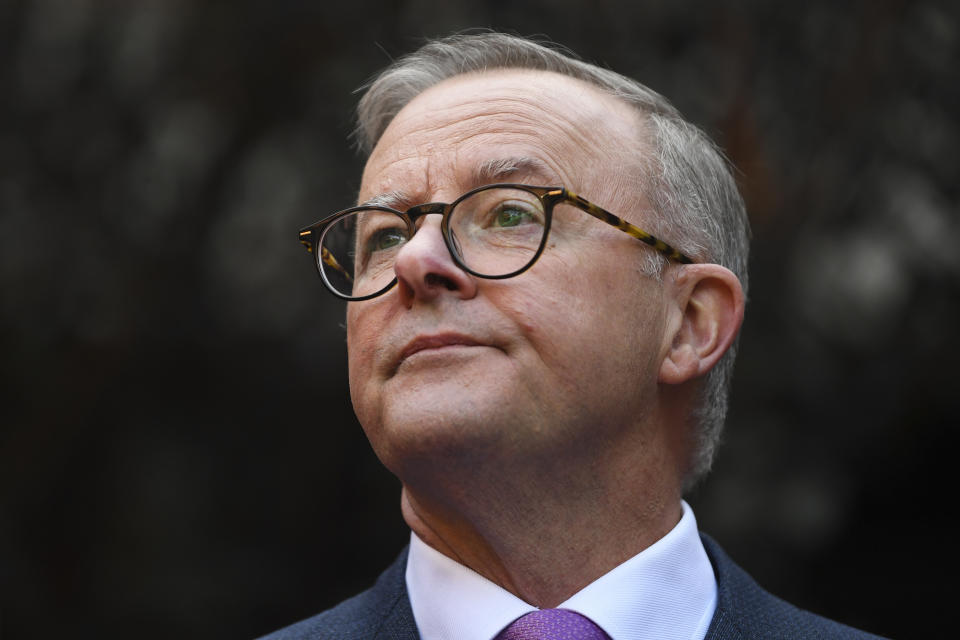 Australian Opposition Leader Anthony Albanese speaks to the media during a press conference.