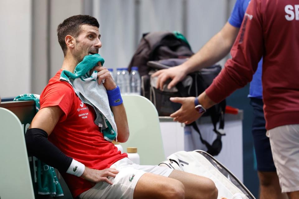 Novak Djokovic in training ahead of Serbia’s Davis Cup quarter-final against Great Britain (EPA)