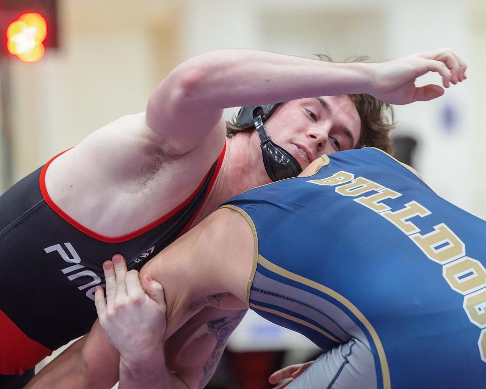 Pinckney's Brady Raymond pinned Chelsea's Nick Garza at 190 pounds in the team wrestling district semifinals on Wednesday, Feb. 8, 2023.