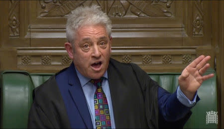 Speaker of the House John Bercow speaks in Parliament, in London, Britain, March 18, 2019, in this screen grab taken from video. Reuters TV via REUTERS