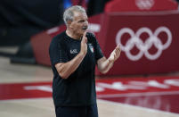 Italy's head coach Meo Sacchetti reacts during men's basketball preliminary round game between Italy and Nigeria at the 2020 Summer Olympics, Saturday, July 31, 2021, in Saitama, Japan. (AP Photo/Charlie Neibergall)