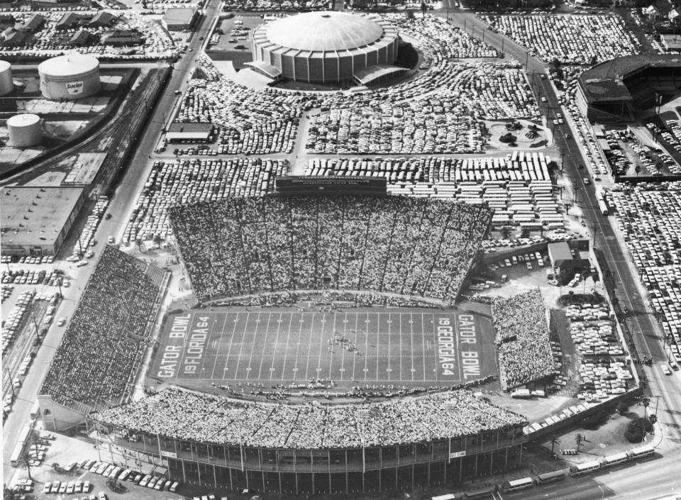 A 1960s view of Jacksonville's old Gator Bowl, with the city's coliseum in the background.