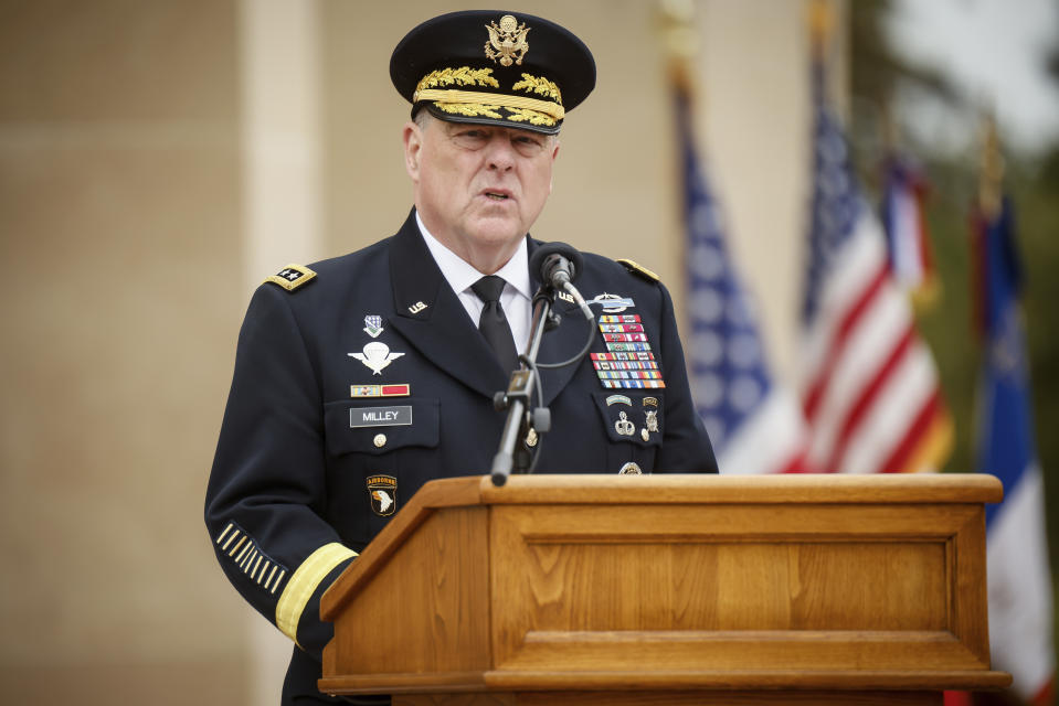 U.S Joint Chiefs of Staff chairman Gen. Mark Milley delivers a speech during a ceremony to mark the 79th anniversary of the assault that led to the liberation of France and Western Europe from Nazi control, at the American Cemetery in Colleville-sur-Mer, Normandy, France, Tuesday, June 6, 2023. The American Cemetery is home to the graves of 9,386 United States soldiers. Most of them lost their lives in the D-Day landings and ensuing operations. (AP Photo/Thomas Padilla)