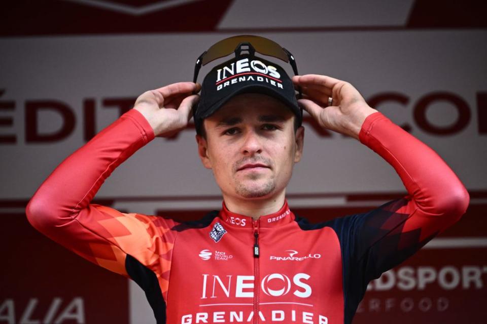 Tom Pidcock (Ineos Grenadiers) on the podium after winning Strade Bianche