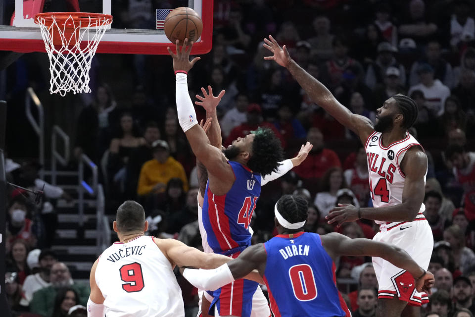 Detroit Pistons forward Saddiq Bey (41) shoots against the Chicago Bulls during the first half of an NBA basketball game in Chicago, Friday, Dec. 30, 2022. (AP Photo/Nam Y. Huh)