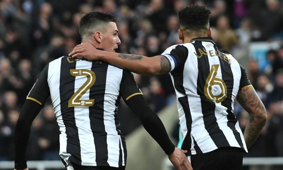 Ciaran Clark celebrates scoring Newcastle’s second goal with Jamaal Lascelles to save a point in their game against Bristol City.