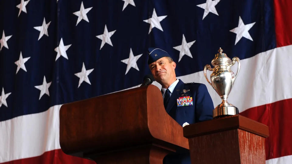 Brig. Gen. Don Bacon, then the outgoing commander of the 55th Wing, gives closing remarks during the change of command ceremony held June 28, 2012, at Offutt Air Force Base, Neb. (Josh Plueger/Air Force)