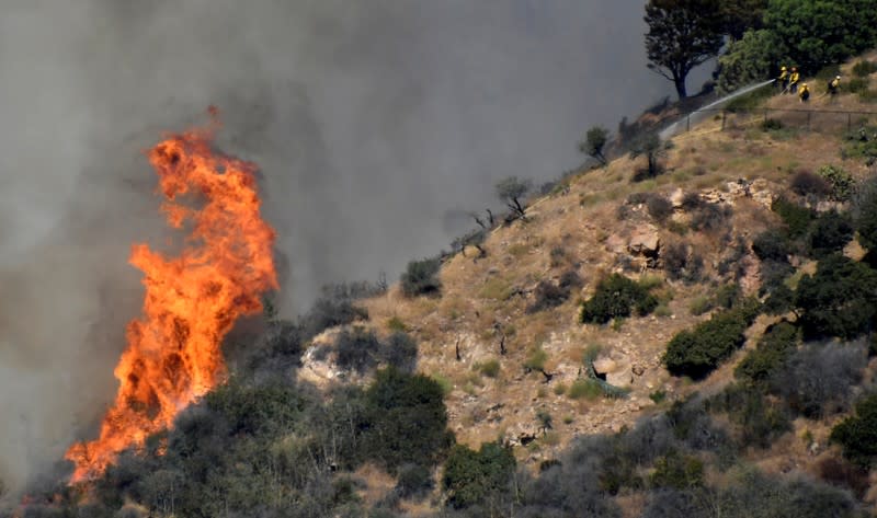 Firefighters battle a blaze that was threatening homes in the Pacific Palisades community of Los Angeles, California