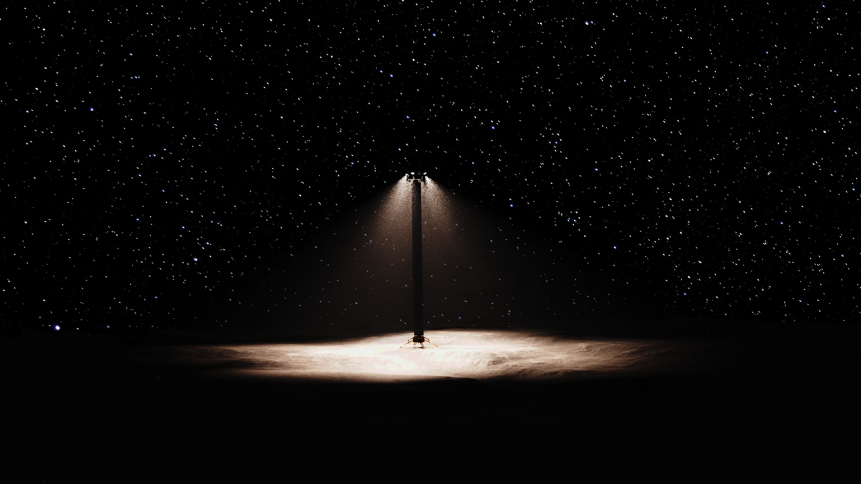  A tower bathes the moon's surface below it in light, while darkness surrounds the circle of light it projects. stars can be seen outside of the cone of light. 