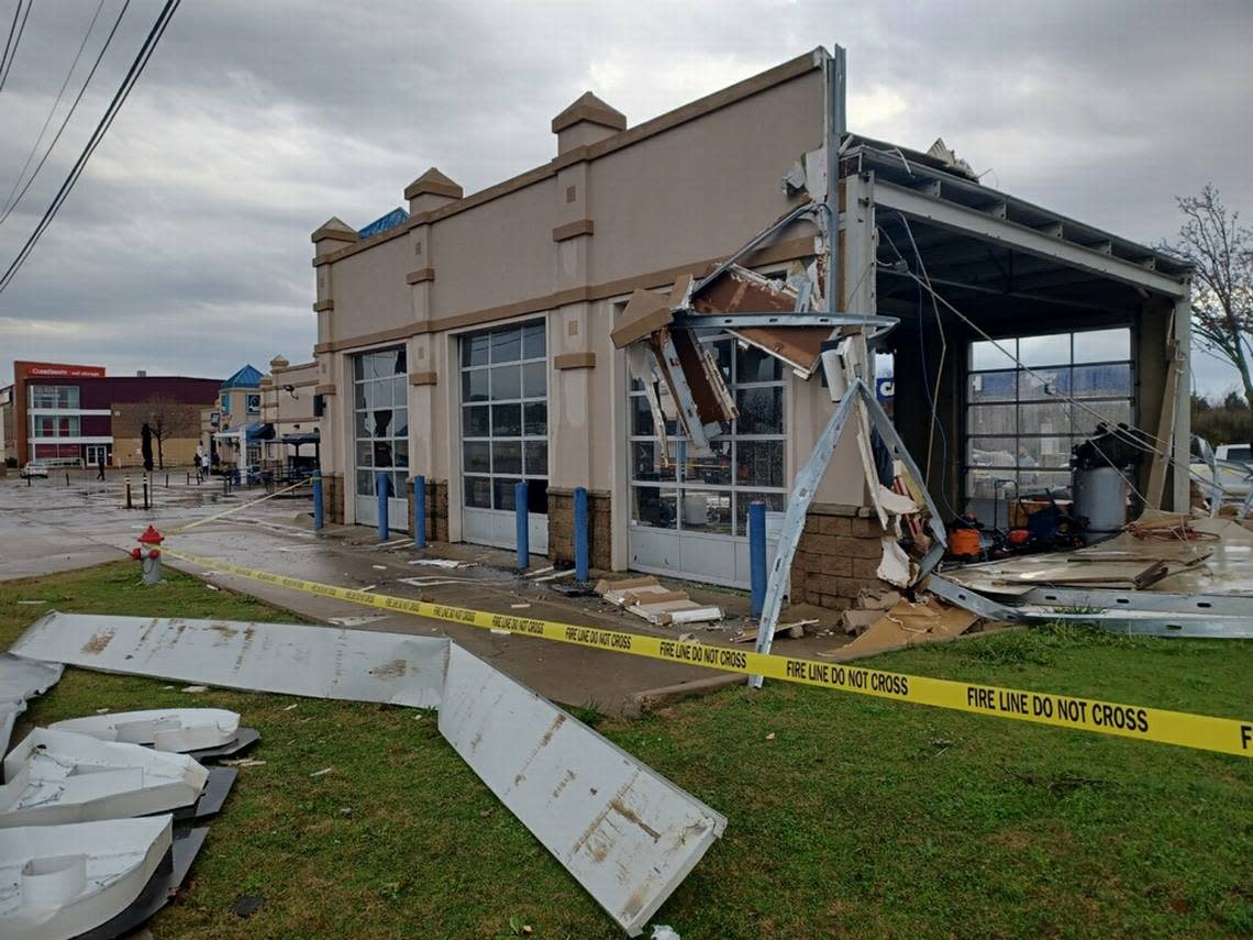 A wall was destroyed at Mustang Elite Car Wash by Tuesday’s storm in Grapevine.