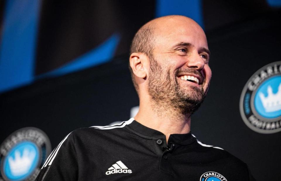 Charlotte FC’s new Head Coach Miguel Ángel Ramírez smiles at a press conference in Charlotte, N.C., on Thursday.