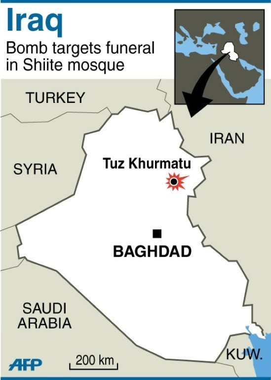 Map of Iraq locating attack on Shiite mosque in Tuz Khurmatu. A suicide bomber made his way into a crowded Shiite mosque before blowing himself up in the middle of a packed funeral on Wednesday, killing 42 people and leaving corpses scattered across the floor