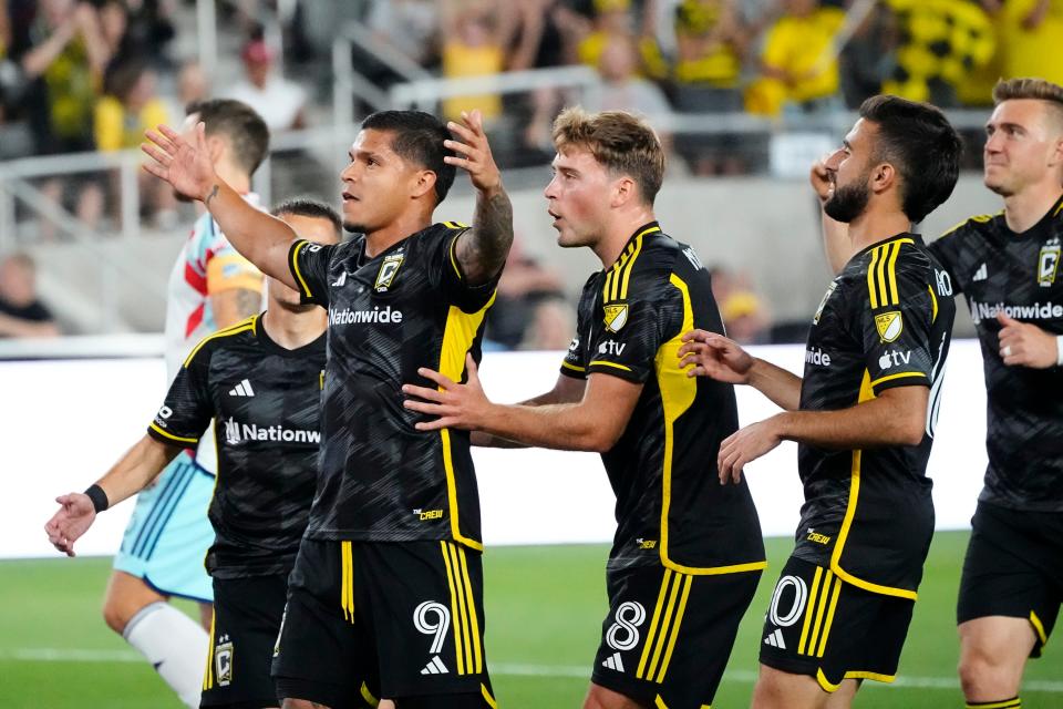 Crew forward Cucho Hernandez (9) celebrates a penalty kick goal against the Chicago Fire.