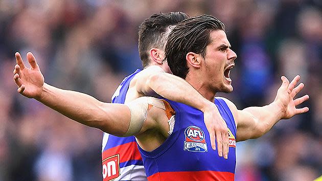 Tom Boyd of the Bulldogs celebrates kicking a goal during the 2016 AFL Grand Final. Pic: Getty